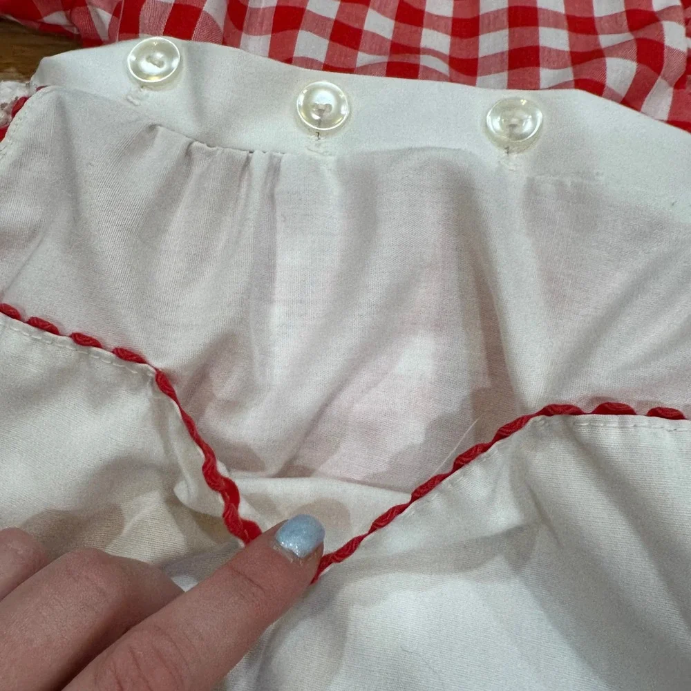 Vintage 90s Red Gingham Baby Dress w Detachable Apron Lace Trim Red White 12-18M